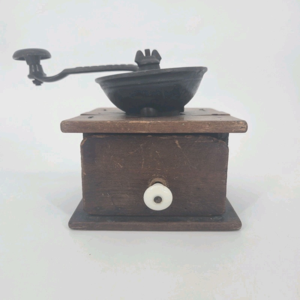 Antique Wooden Coffee Grinder Cast Iron Hand Crank Mill Porcelain Knob Vintage